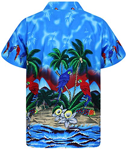 Herren Hawaii-Print V.H.O Front-Tasche Grau Funky Hawaiihemd Kurzarm Papagei Strand Palmen Meer